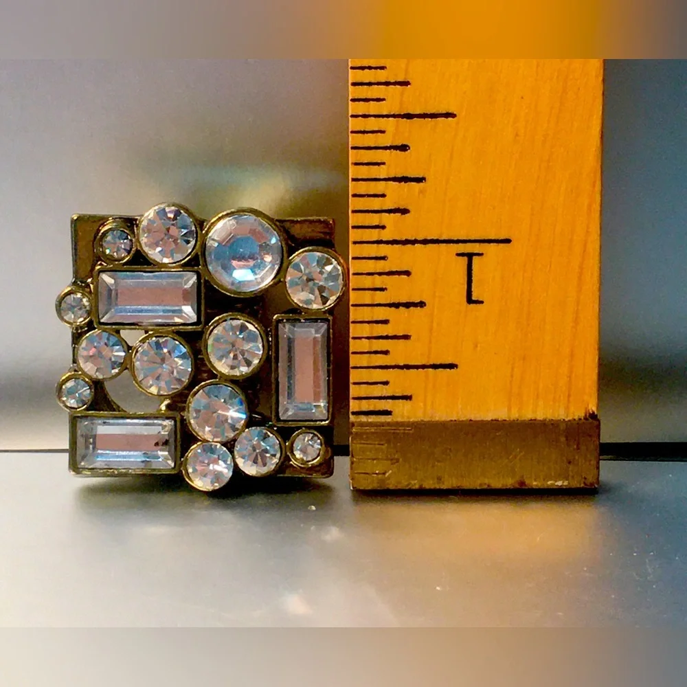 VINTAGE Metallic Silver Statement ring Rhinestone Vintage Brass tone adjustable - Picture 7 of 10